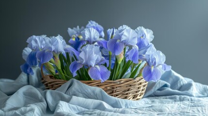 A beautiful arrangement of blue irises in a wicker basket
