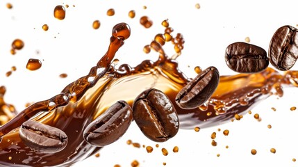 Obraz premium roasted coffee beans splashing in liquid coffee isolated on white background