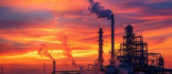 Fototapeta premium Industrial factory emitting smoke during picturesque sunset, symbolizing environmental impact and industrialization.