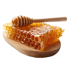 Honeycomb with honey and wooden spoon, transparent background, png file, 3d illustration