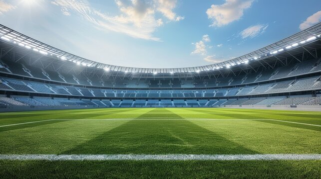Impressive view of a large, empty football stadium under a clear sky, showcasing the green field, seating area, and modern architecture.