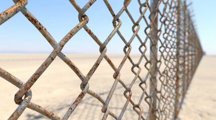Fototapeta premium Close-up of a weathered chain-link fence on a deserted beach under clear blue skies, depicting solitude and isolation.