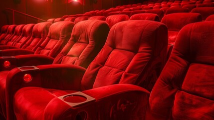 Fototapeta premium rows of plush red velvet theatre seats in dimly lit cinema hall atmospheric front view perspective