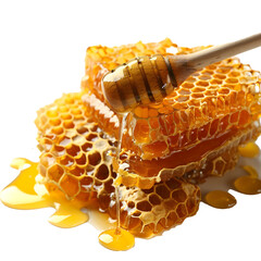 Honeycomb with honey and wooden spoon, transparent background, png file, 3d illustration