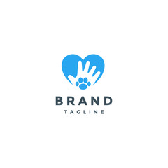 Hand and Paw Inside Heart Icon Logo Design. Simple Pet Care Paw Logo Design.