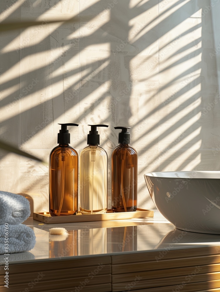 Poster stylish bottles of shampoo and conditioner on a bathroom counter. generative ai