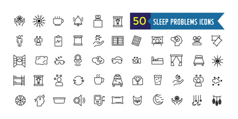 Sleep problems icons set. Outline set of sleep problems vector icons for ui design. Outline icon collection. Editable stroke.