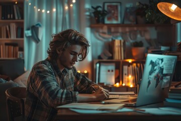 A translator studying language nuances in a quiet office selective focus, linguistic theme, whimsical, fusion, cozy office backdrop