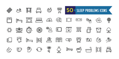 Sleep problems icons set. Outline set of sleep problems vector icons for ui design. Outline icon collection. Editable stroke.
