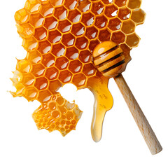 Honeycomb with honey and wooden spoon, transparent background, png file, 3d illustration