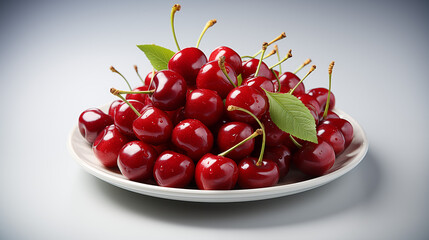 Fresh ripe delicious beautiful dark red cherries on a white plate on a white table