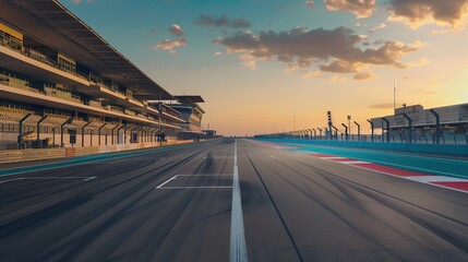 A wide-angle shot of the asphalt of an international race track at sunset in the evening.