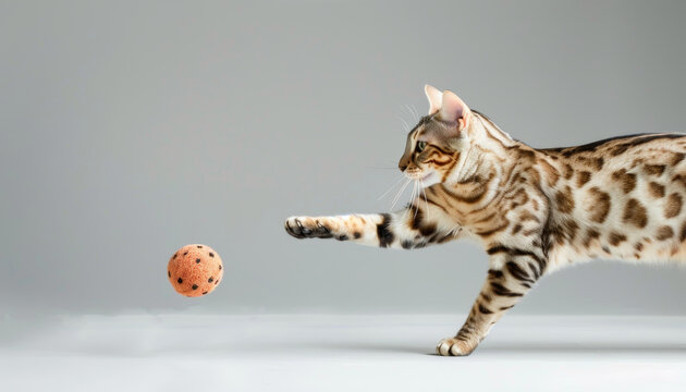 Playful Bengal cat reaching for a toy mouse on a clean light background. Perfect for depicting pet play and feline agility.