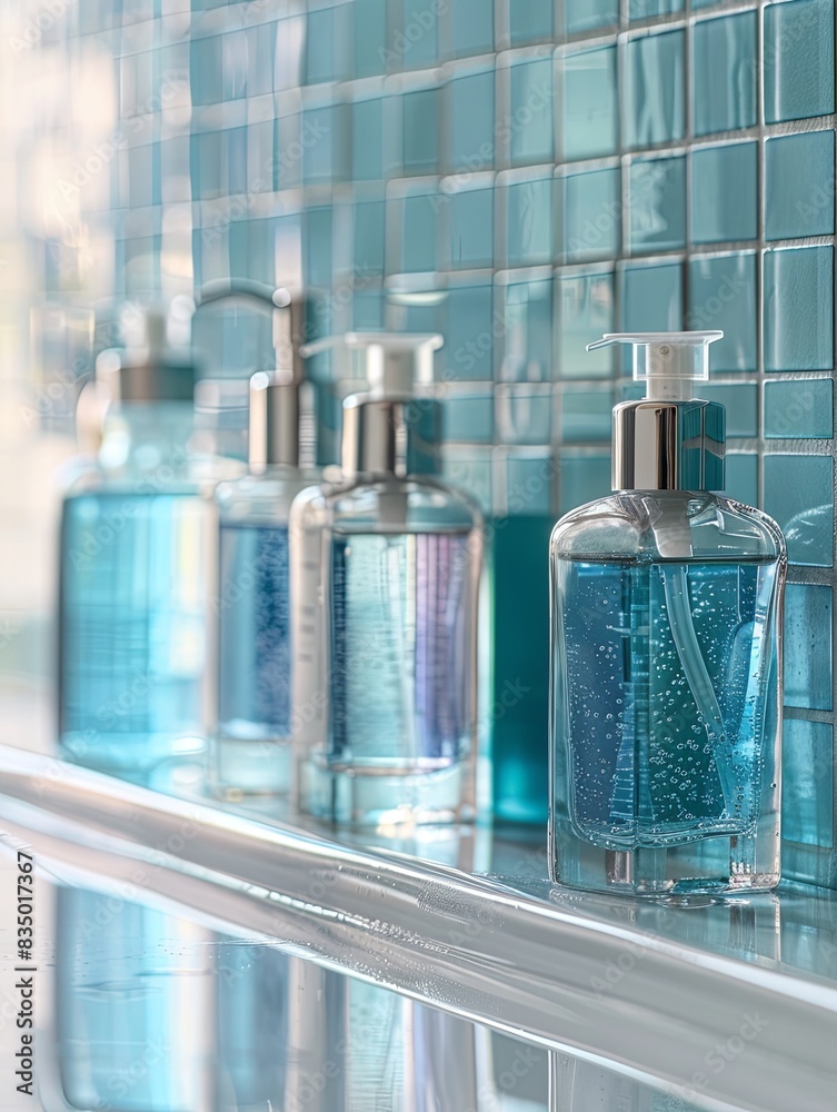 Poster a close-up shot of stylish shampoo and conditioner bottles on a glass shelf in a modern bathroom set