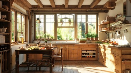 rustic wooden home kitchen interior with cozy dining table and large window