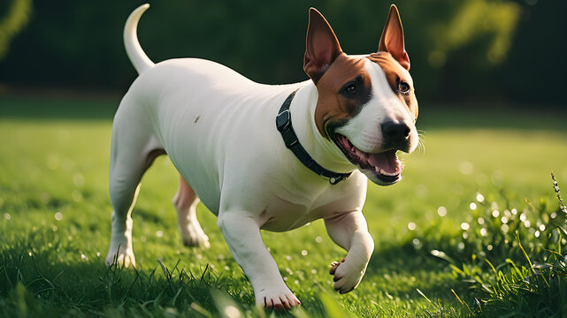 Bull terrier walking on the grass. Generative AI