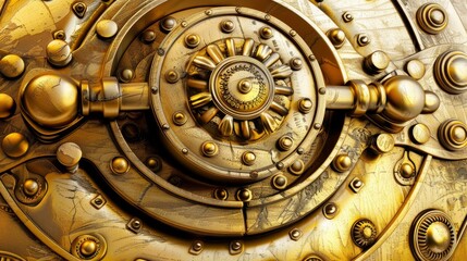 Close-up of an intricate golden vault door with gears and bolts, showcasing detailed mechanical craftsmanship and luxury.