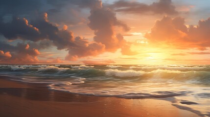 Fototapeta premium Majestic Sunset Over a Serene Beach with Waves Crashing and Golden Sky