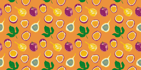 Hand drawn granadilla pattern. Tropical fruit banner. Vector passion fruit seamless pattern. Colorful exotic fruits ornate print. Natural background for cosmetics, fruits puree or juice label.