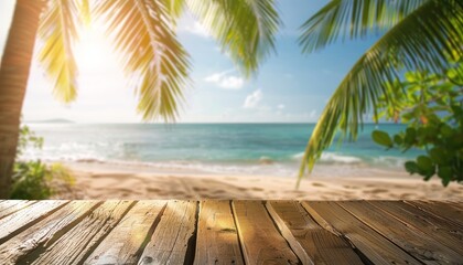 Tropical beach scene with palm trees, wooden deck, and tranquil ocean under a sunny sky, ideal for travel and nature themes.
