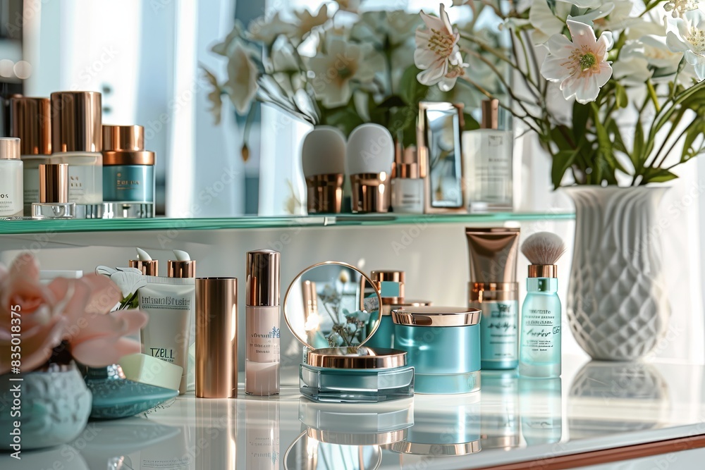 Poster A close-up view of a vanity table with a mirror and an array of cosmetic products. Generative AI