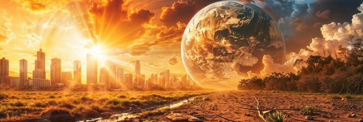 Fototapeta premium Earth Rising Over City at Sunset. Symbolizing Global Warming and Environmental Challenges
