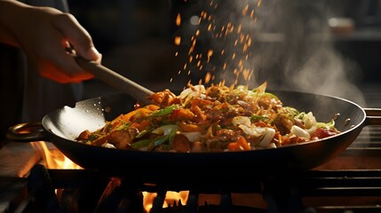 A close-up of a chef's hands in action, tossing ingredients in a pan with skill and finesse