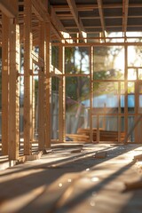 Building new wooden house, Building process on construction site on sunny day
