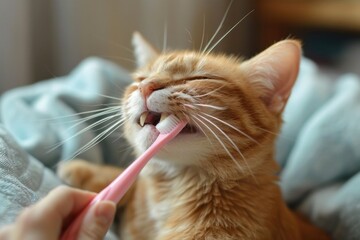 Portrait of a cat brushing their teeth with tooth brush