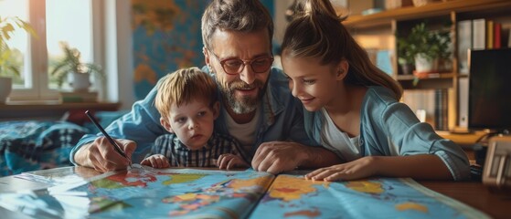 A travel agent creating personalized travel itineraries for a family vacation focus on customization, vacation theme, vibrant, composite, travel office backdrop