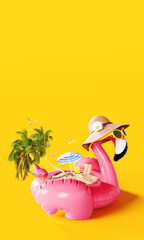 Summer vacation concept. Pink flamingo with palm trees and accessories on vibrant yellow background...