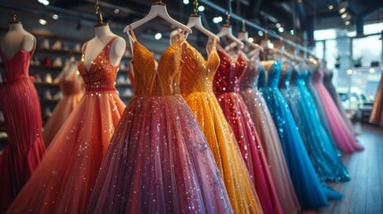 Evening dresses in various vibrant colors displayed on hangers against a shop interior, showing fashion variety