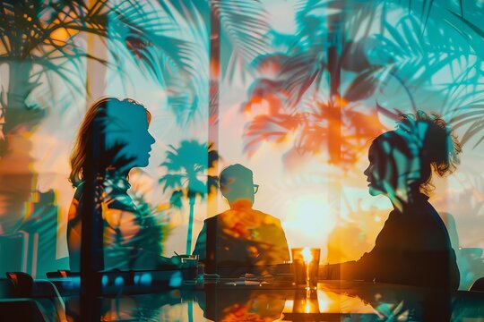 A travel agent presenting a group tour package to potential customers close up, group travel theme, vibrant, double exposure, meeting room backdrop
