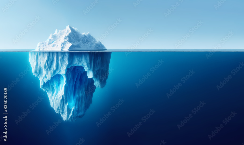 Poster an iceberg above and below water on a clear blue ocean background, illustrating the concept of hidde