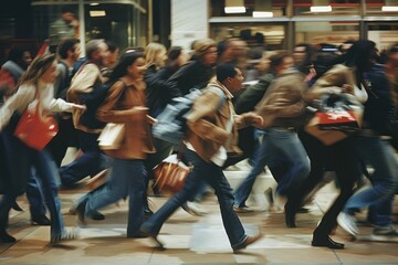 A crowd of people running through a mall. The scene is chaotic and busy, with people carrying backpacks and handbags. Scene is frenzied and energetic, as the people seem to be in a hurry