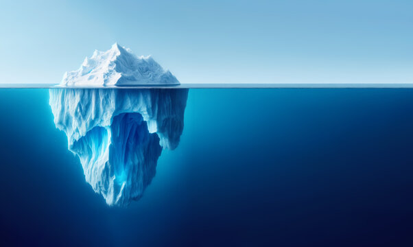 An iceberg above and below water on a clear blue ocean background, illustrating the concept of hidden depth. Generative AI
