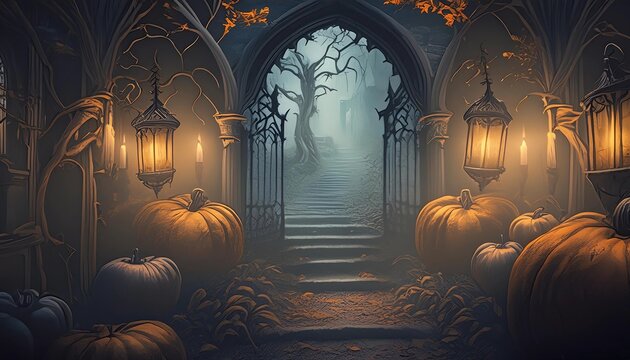spooky halloween gothic church open door with pumpkins and glowing lights in mist mysterious scene