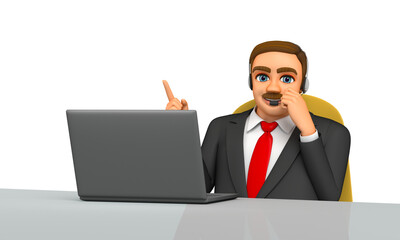 Fat businessman explaining on his laptop