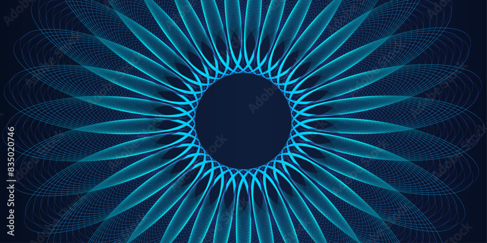Poster Abstract fractal burst background with blue green light lines weaving pattern in circle shape isolated on black background. Modern technology design