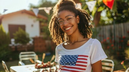 A young smiling American woman with an American flag t-shirt stands on the back door of house near a barbecue, the concept of celebrating independence day in America on the 4th of July with friends