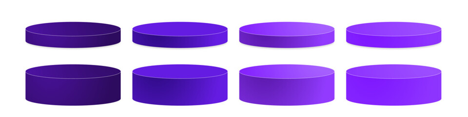8 piece set of 3d rendered cylinder platforms in different shades of purple gradient colors, isolated on transparent background. Editable Vector Illustration.