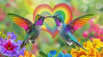 Obraz premium Two colorful hummingbirds facing each other with a rainbow heart background and vibrant flowers.