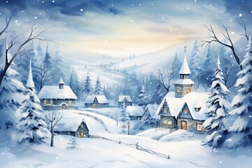 winter landscape with house and snow, generative ai