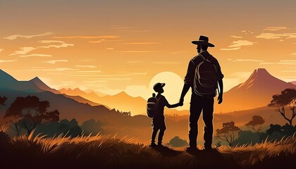 Obraz premium father and son silhouette walking in the sunset father‘s day outdoor travel concept illustration background