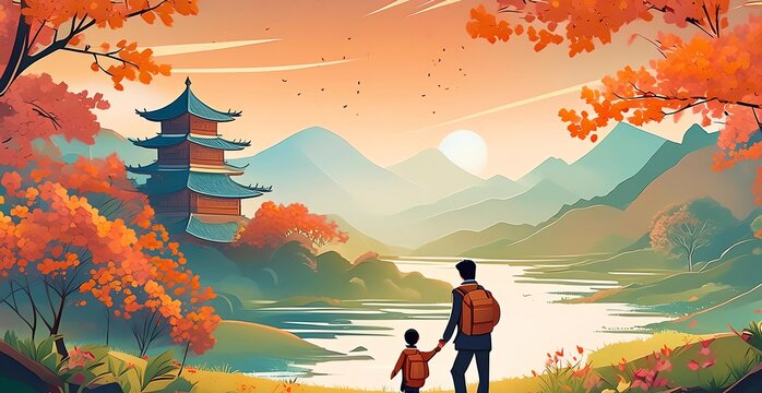 father's day concept father and child hiking background with ancient pagoda illustration