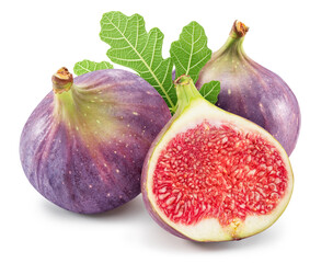 Fig fruits with fig leaves and fig pieces isolated on white background. File contains clipping path.