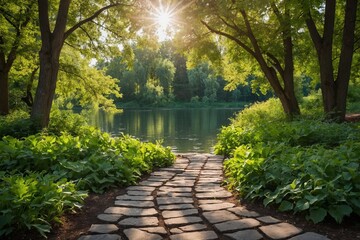A stunning, vibrant natural landscape in summer or spring featuring a lake in a park, enveloped by lush green tree foliage in the sunlight, with a stone path in the foreground.