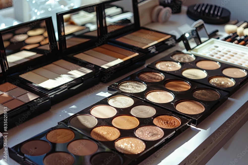 Poster a close-up image of various contouring and highlighting makeup palettes, showcasing a collection of 