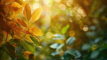 Blurred background of garden with green and brown leaf plants Fresh green leaf of forest plant