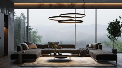 Fototapeta premium sculptural pendant light illuminating modern living room interior 3d illustration
